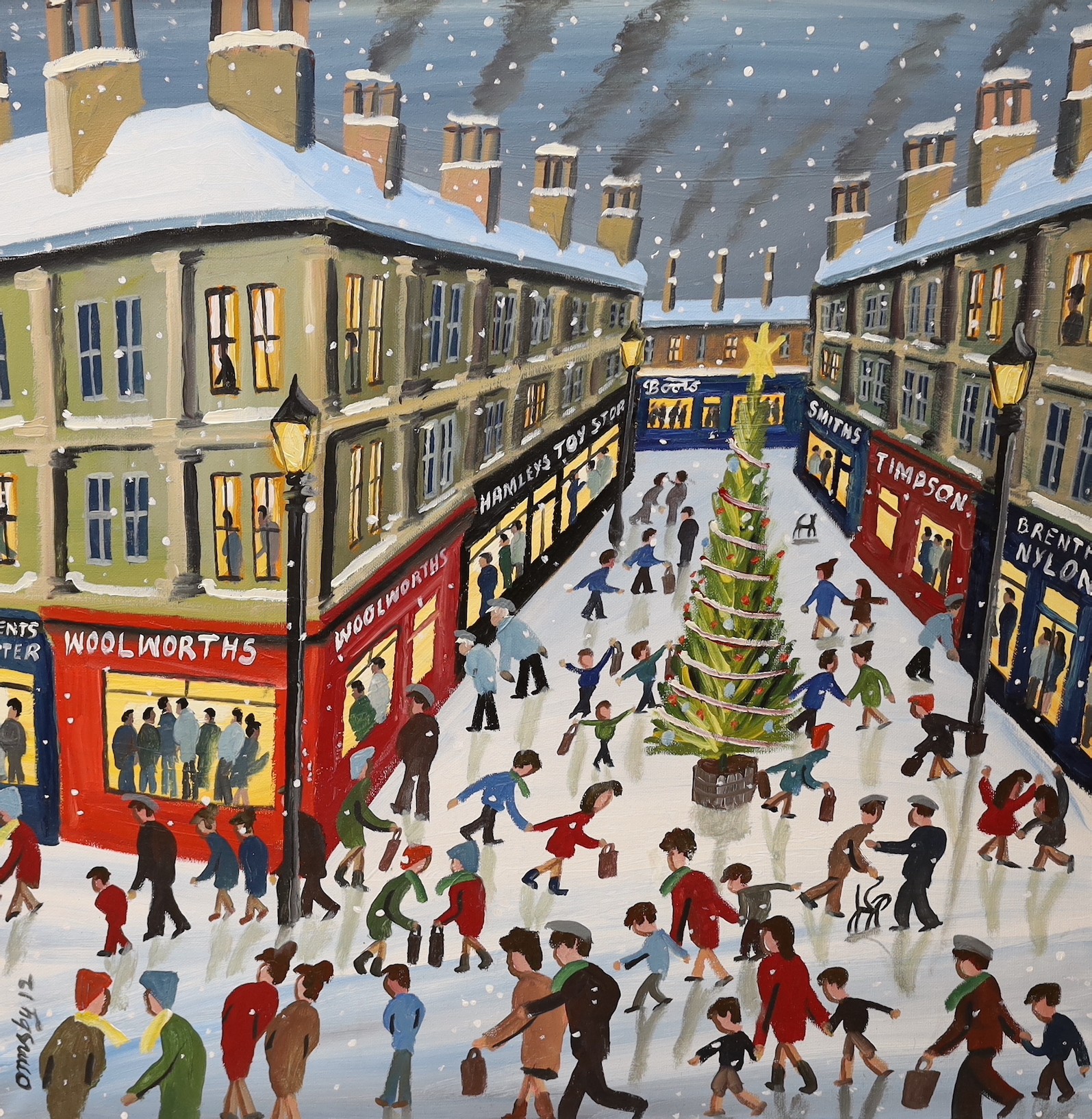 John Ormsby (b.1969), oil on canvas, 'Christmas Shoppers', signed and dated '12, 60 x 60cm